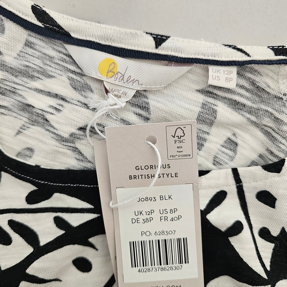 Boden Amanda Leaf Print Belted Cotton Jersey Dress 8 Petite Black White NWT - Picture 3 of 8